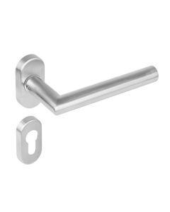 INTERSTEEL Deurkruk 1235 Hoek 90°op rozet ovaal staal dubbel geveerd met profielcilinder plaatjes RVS