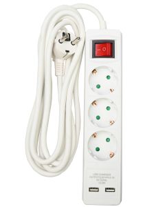 012561 Stekkerdoos 3-voudig + RA 3 x 1.5 + schakelaar + 2 x USB + 3 mtr